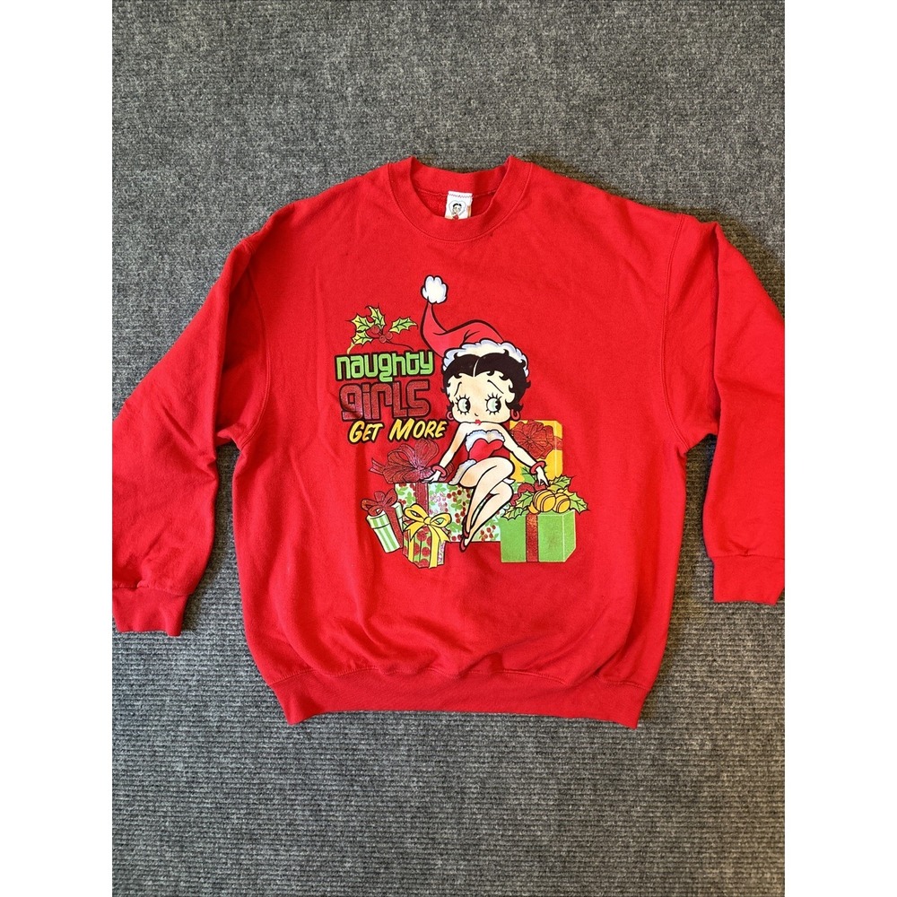 Y2K Betty Boop Vintage Size XL Red Crewneck Sweatshirt Christmas Naughty Girls - Picture 1 of 13
